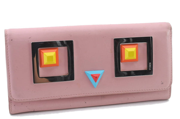 Authentic FENDI Monster Crayons Long Bifold Wallet Purse Leather Pink 5281C