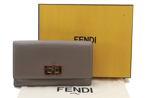 Authentic FENDI Peeka Boo Long Wallet Purse Leather Gray Box 5283C