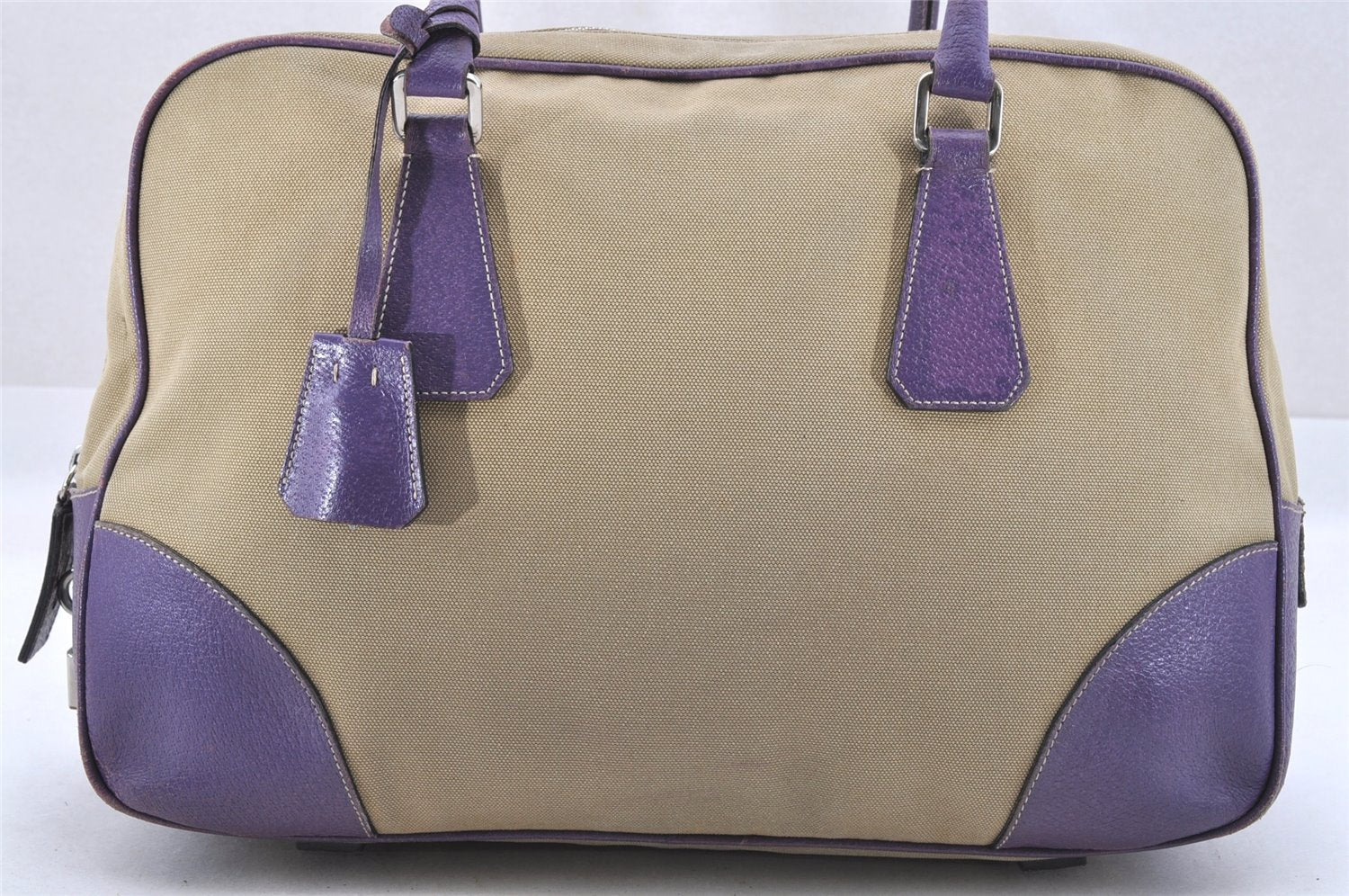 Authentic PRADA Vintage Canvas Leather Hand Boston Bag Beige 5284I