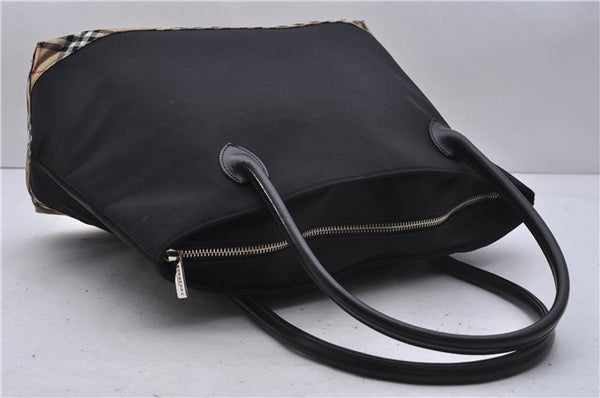 Authentic BURBERRY BLUE LABEL Check Shoulder Tote Bag Nylon Leather Black 5293E