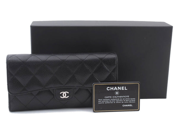 Authentic CHANEL Caviar Skin Matelasse Wallet Purse Black Box 5296C