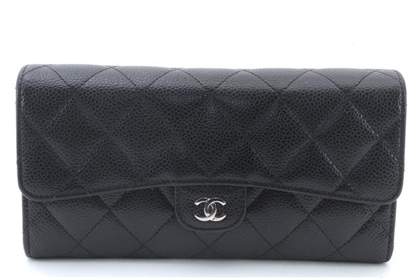 Authentic CHANEL Caviar Skin Matelasse Wallet Purse Black Box 5296C