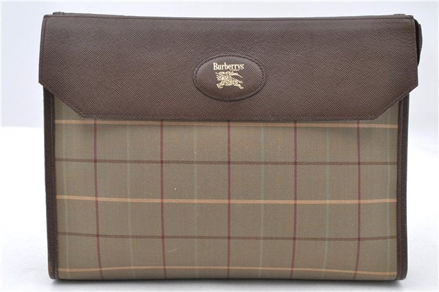 Authentic Burberrys Check Clutch Hand Bag Canvas Leather Khaki Green 5299C