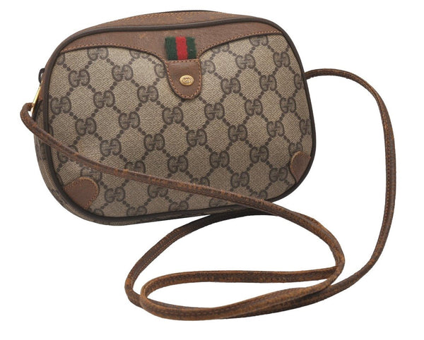 Authentic GUCCI Web Sherry Line Shoulder Bag GG PVC Leather Brown Junk 5300I