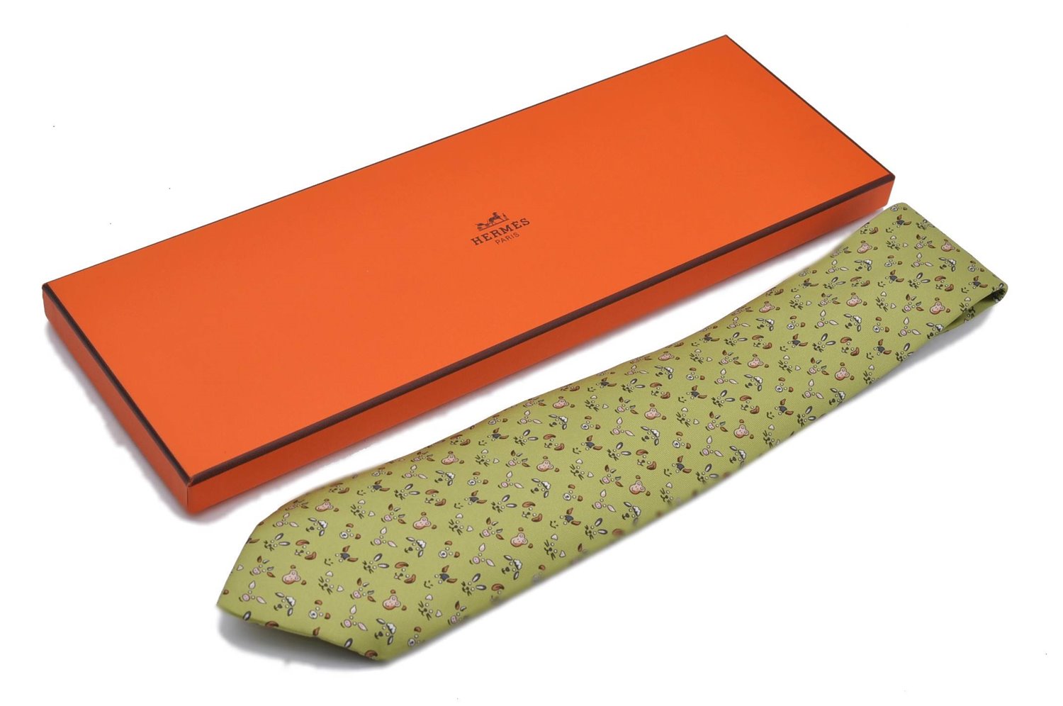 Authentic HERMES Tie Necktie Animal Pattern Silk 5472FA Light Green Box 5316C