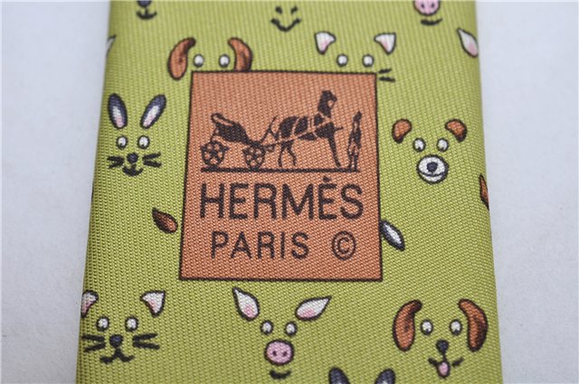 Authentic HERMES Tie Necktie Animal Pattern Silk 5472FA Light Green Box 5316C