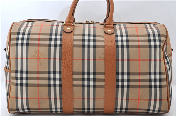 Authentic Burberrys Nova Check Canvas Leather Travel Boston Bag Beige 5321E