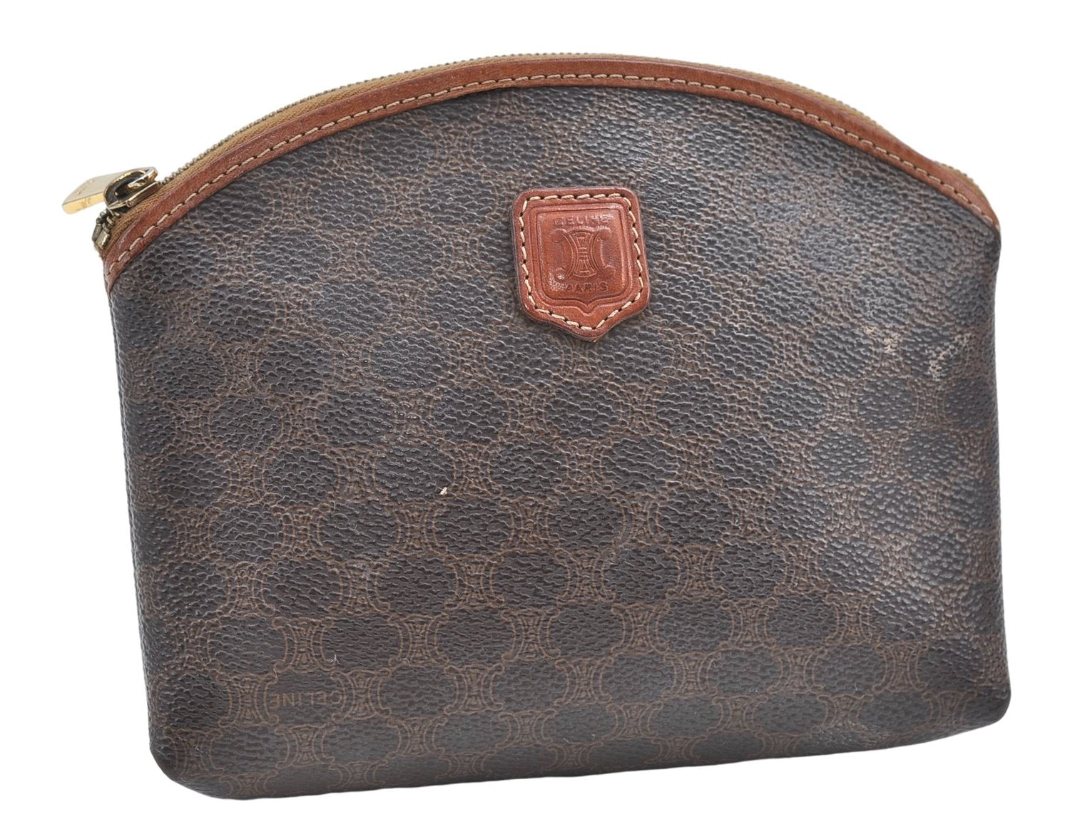 Authentic CELINE Macadam Pattern Pouch Purse PVC Leather Brown 5330D