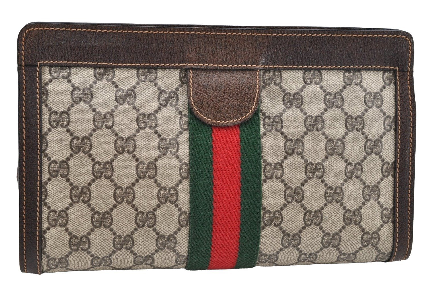 Authentic GUCCI Web Sherry Line Clutch Hand Bag Purse GG PVC Leather Brown 5334I