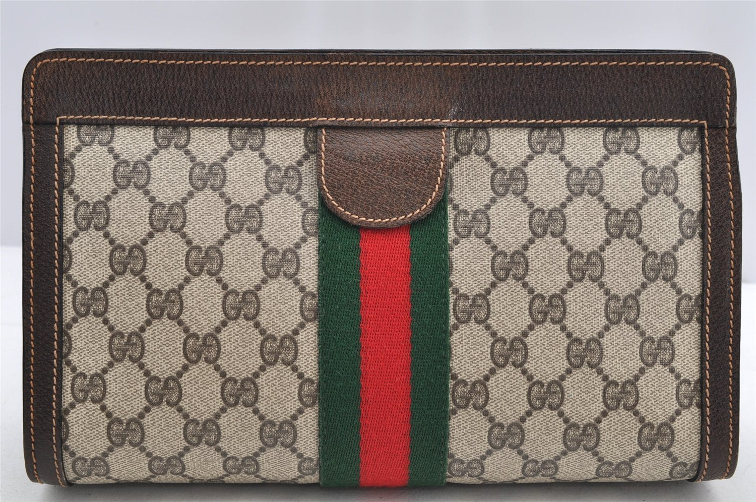 Authentic GUCCI Web Sherry Line Clutch Hand Bag Purse GG PVC Leather Brown 5334I