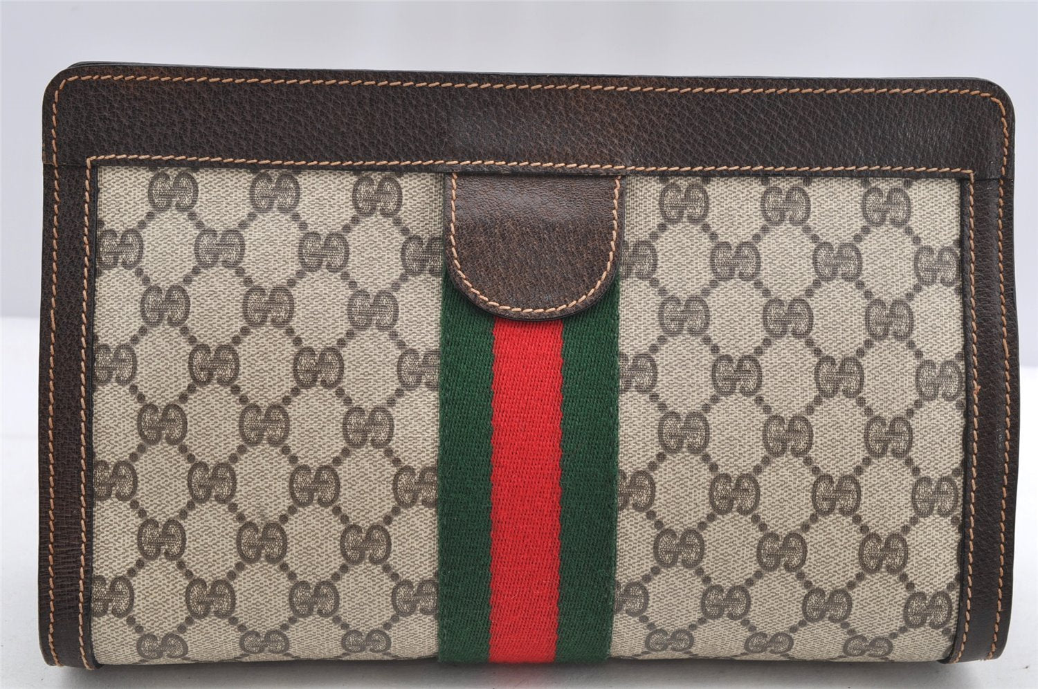Authentic GUCCI Web Sherry Line Clutch Hand Bag Purse GG PVC Leather Brown 5334I