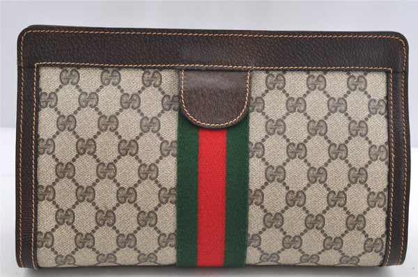 Authentic GUCCI Web Sherry Line Clutch Hand Bag Purse GG PVC Leather Brown 5334I