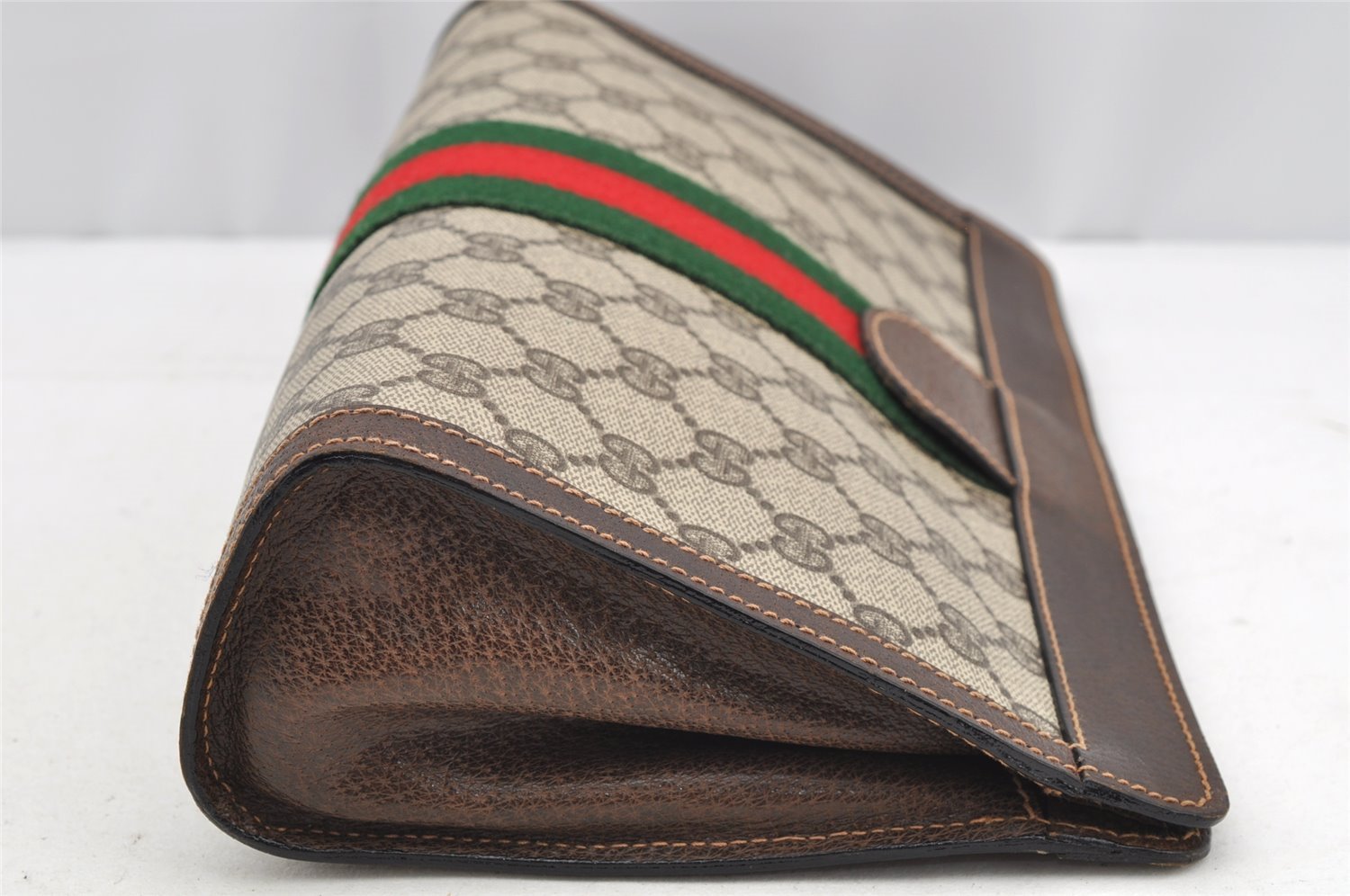 Authentic GUCCI Web Sherry Line Clutch Hand Bag Purse GG PVC Leather Brown 5334I