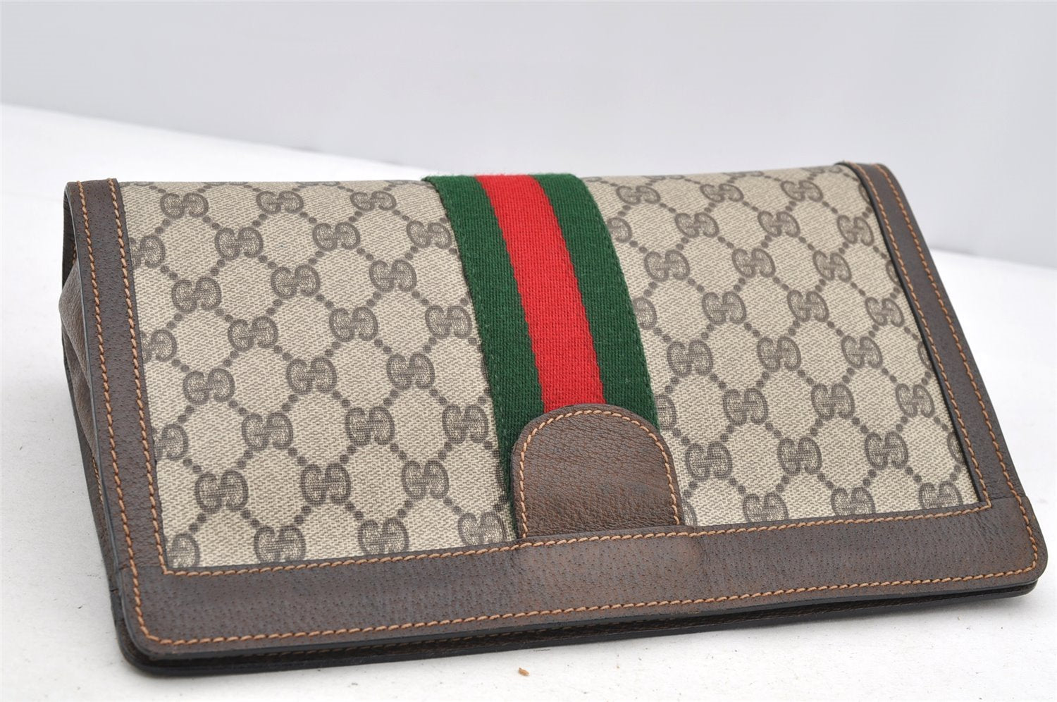 Authentic GUCCI Web Sherry Line Clutch Hand Bag Purse GG PVC Leather Brown 5334I