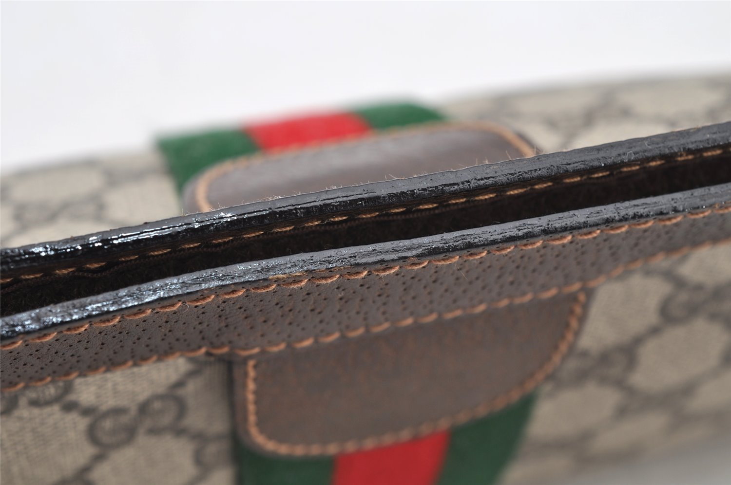 Authentic GUCCI Web Sherry Line Clutch Hand Bag Purse GG PVC Leather Brown 5334I