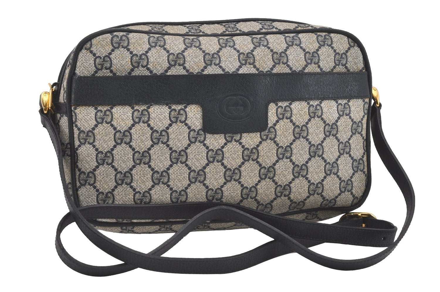 Authentic GUCCI Shoulder Cross Body Bag GG PVC Leather Navy Blue Junk 5343I