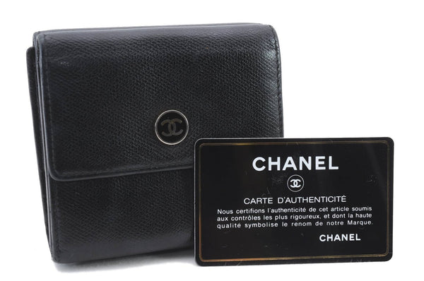 Authentic CHANEL Calf Skin CoCo Button Trifold Wallet Purse Black Junk 5344C