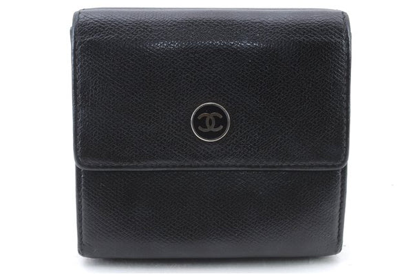 Authentic CHANEL Calf Skin CoCo Button Trifold Wallet Purse Black Junk 5344C