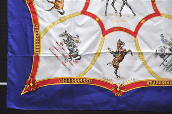 Authentic HERMES Carre 90 Scarf "ECOLE FRANCAISE D'EQUITATION" Silk Navy 5344E