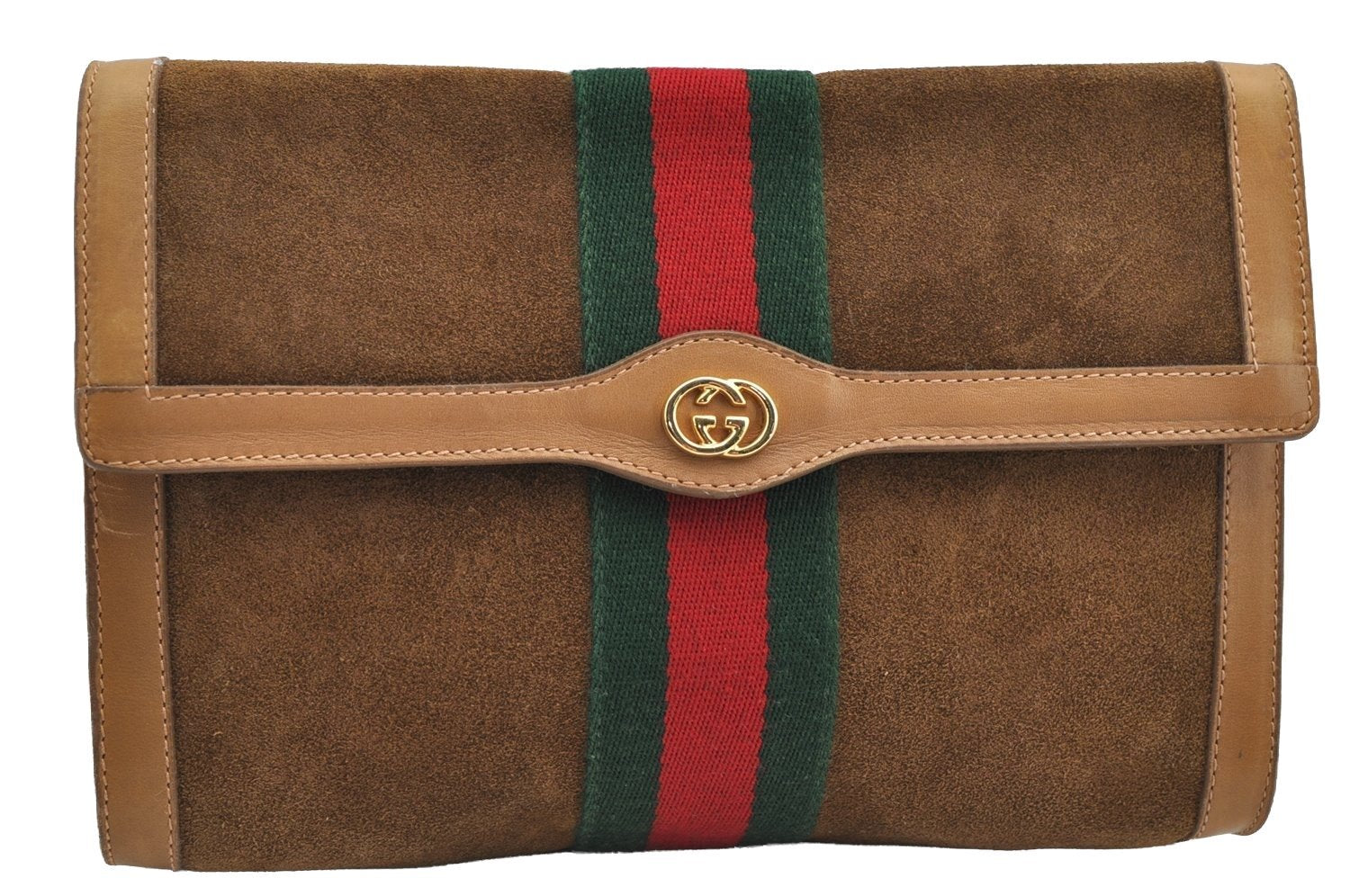 Authentic GUCCI Web Sherry Line Clutch Hand Bag Purse Suede Leather Brown 5347I