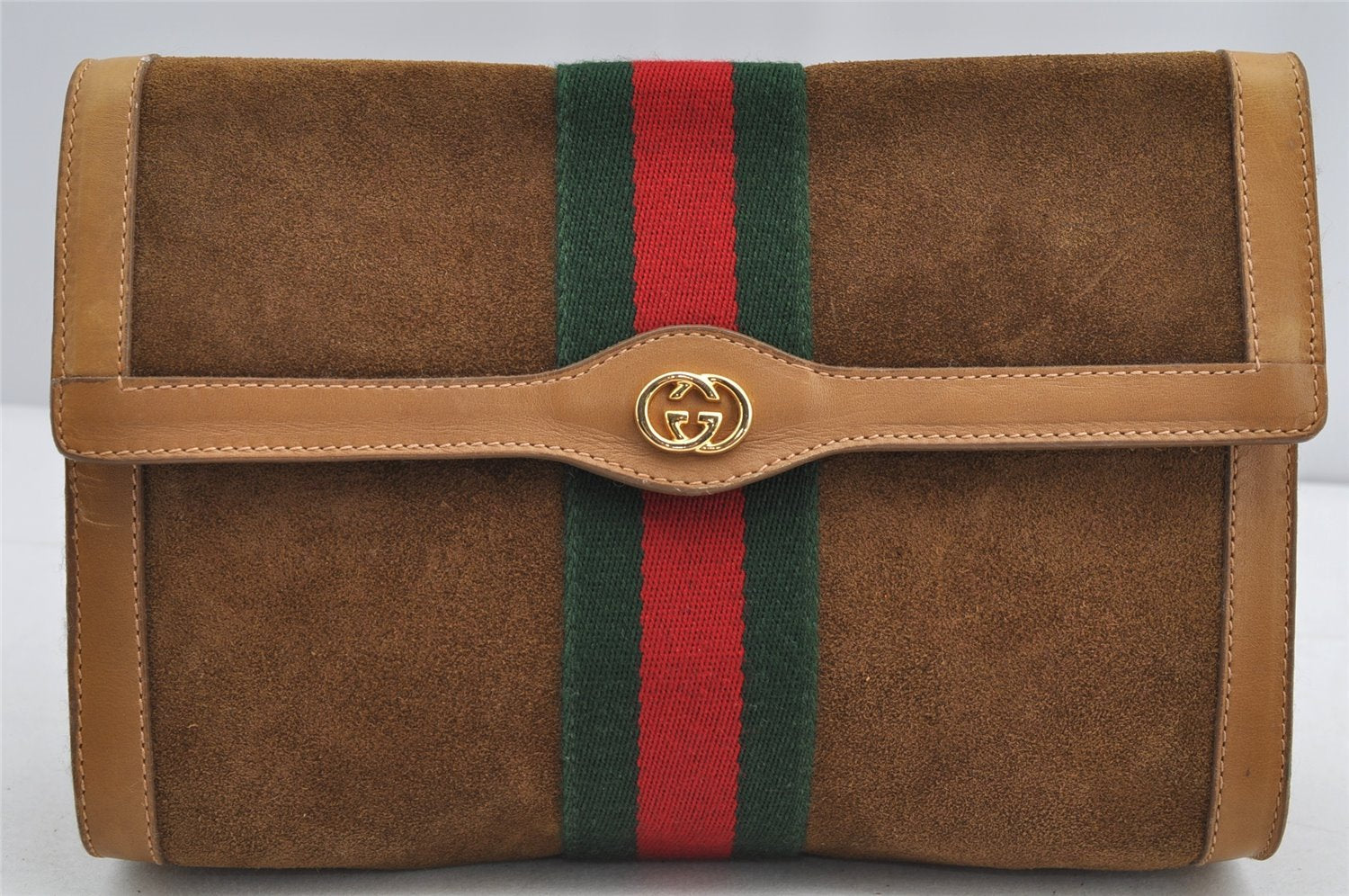 Authentic GUCCI Web Sherry Line Clutch Hand Bag Purse Suede Leather Brown 5347I