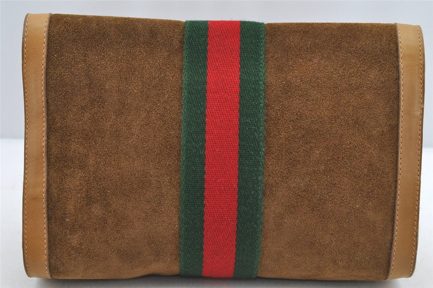 Authentic GUCCI Web Sherry Line Clutch Hand Bag Purse Suede Leather Brown 5347I