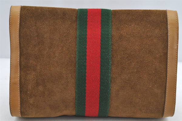 Authentic GUCCI Web Sherry Line Clutch Hand Bag Purse Suede Leather Brown 5347I