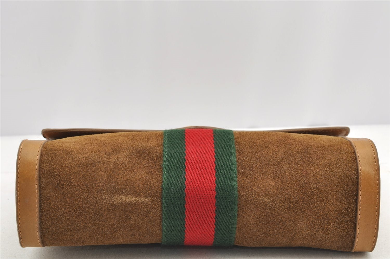 Authentic GUCCI Web Sherry Line Clutch Hand Bag Purse Suede Leather Brown 5347I