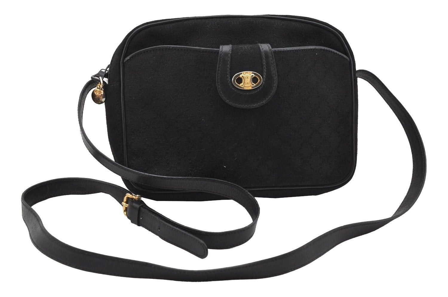 Authentic CELINE Macadam Blason Shoulder Cross Bag Canvas Leather Black 5348I