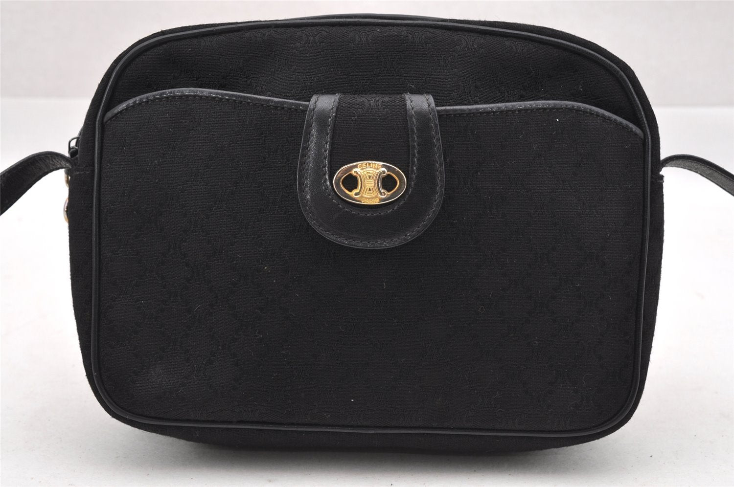 Authentic CELINE Macadam Blason Shoulder Cross Bag Canvas Leather Black 5348I