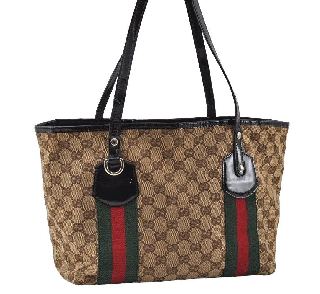 Auth GUCCI Jolie Web Sherry Line Tote Bag GG Canvas Enamel 211971 Brown 5351I