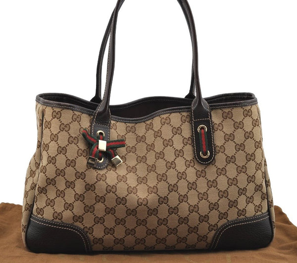 Authentic GUCCI Web Sherry Line Princy Tote Bag GG Canvas 163805 Brown 5356I