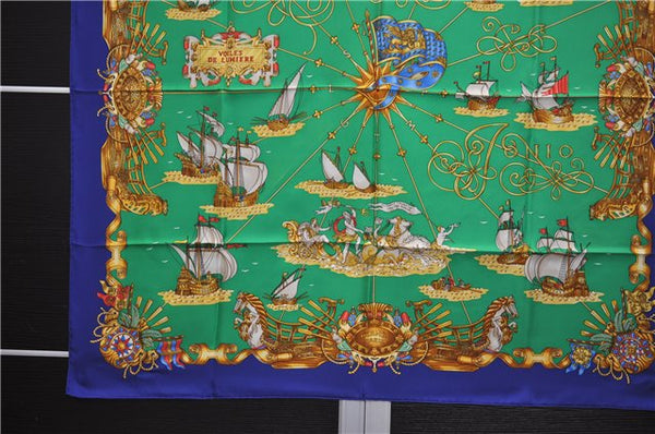 Authentic HERMES Carre 90 Scarf "VOILES DE LUMIERE" Silk Blue 5358E