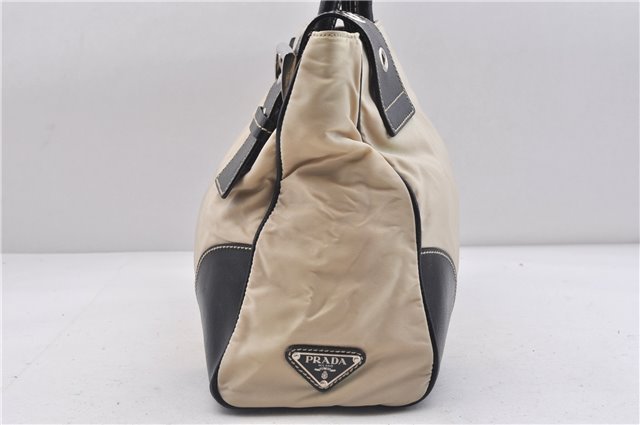 Auth PRADA Tessuto Vit Nylon Leather Shoulder Tote Bag BR0778 Ivory Black 5361C