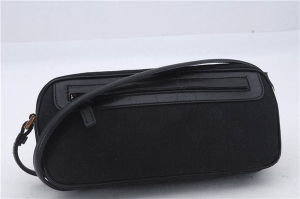Authentic Ferragamo Gancini Canvas Leather Shoulder Bag Pouch Purse Black 5366D