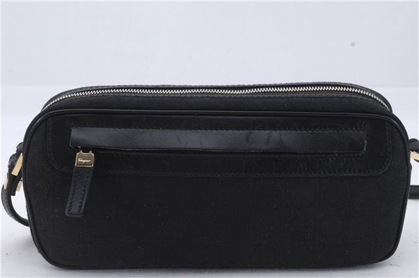 Authentic Ferragamo Gancini Canvas Leather Shoulder Bag Pouch Purse Black 5366D