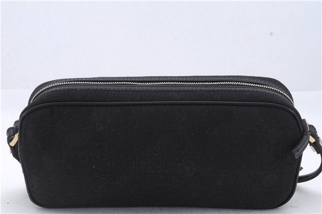Authentic Ferragamo Gancini Canvas Leather Shoulder Bag Pouch Purse Black 5366D
