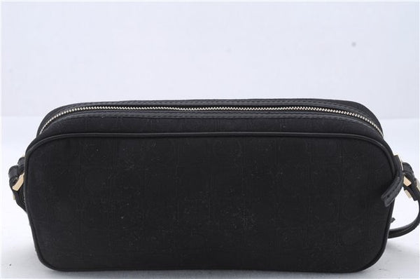 Authentic Ferragamo Gancini Canvas Leather Shoulder Bag Pouch Purse Black 5366D