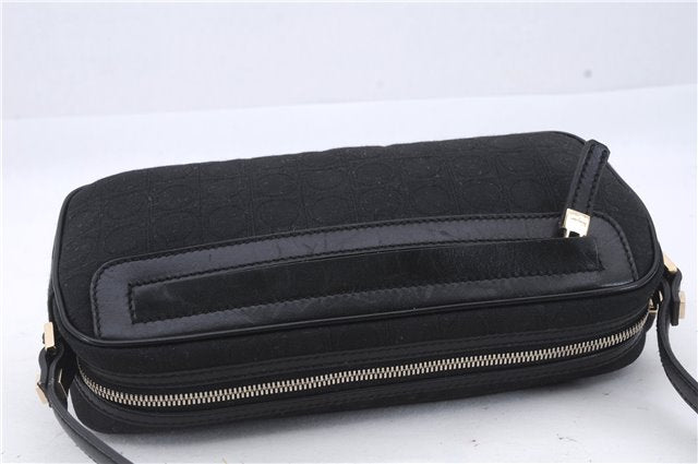 Authentic Ferragamo Gancini Canvas Leather Shoulder Bag Pouch Purse Black 5366D