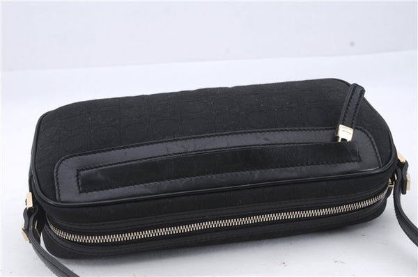 Authentic Ferragamo Gancini Canvas Leather Shoulder Bag Pouch Purse Black 5366D