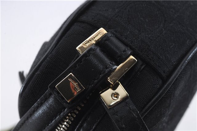 Authentic Ferragamo Gancini Canvas Leather Shoulder Bag Pouch Purse Black 5366D