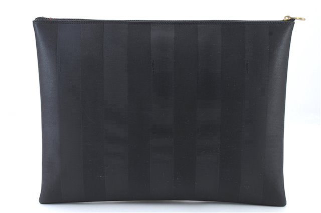 Authentic FENDI Pequin Clutch Bag PVC Leather Black 5373C