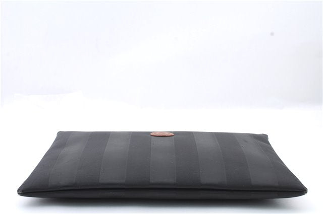 Authentic FENDI Pequin Clutch Bag PVC Leather Black 5373C