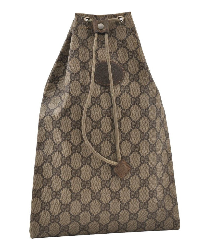 Authentic GUCCI Vintage Drawstring Hand Bag Purse GG PVC Leather Brown 5375I