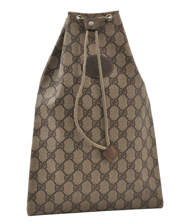 Authentic GUCCI Vintage Drawstring Hand Bag Purse GG PVC Leather Brown 5375I