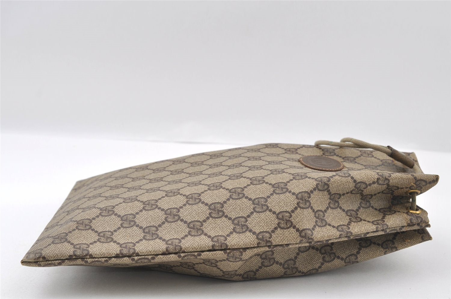 Authentic GUCCI Vintage Drawstring Hand Bag Purse GG PVC Leather Brown 5375I