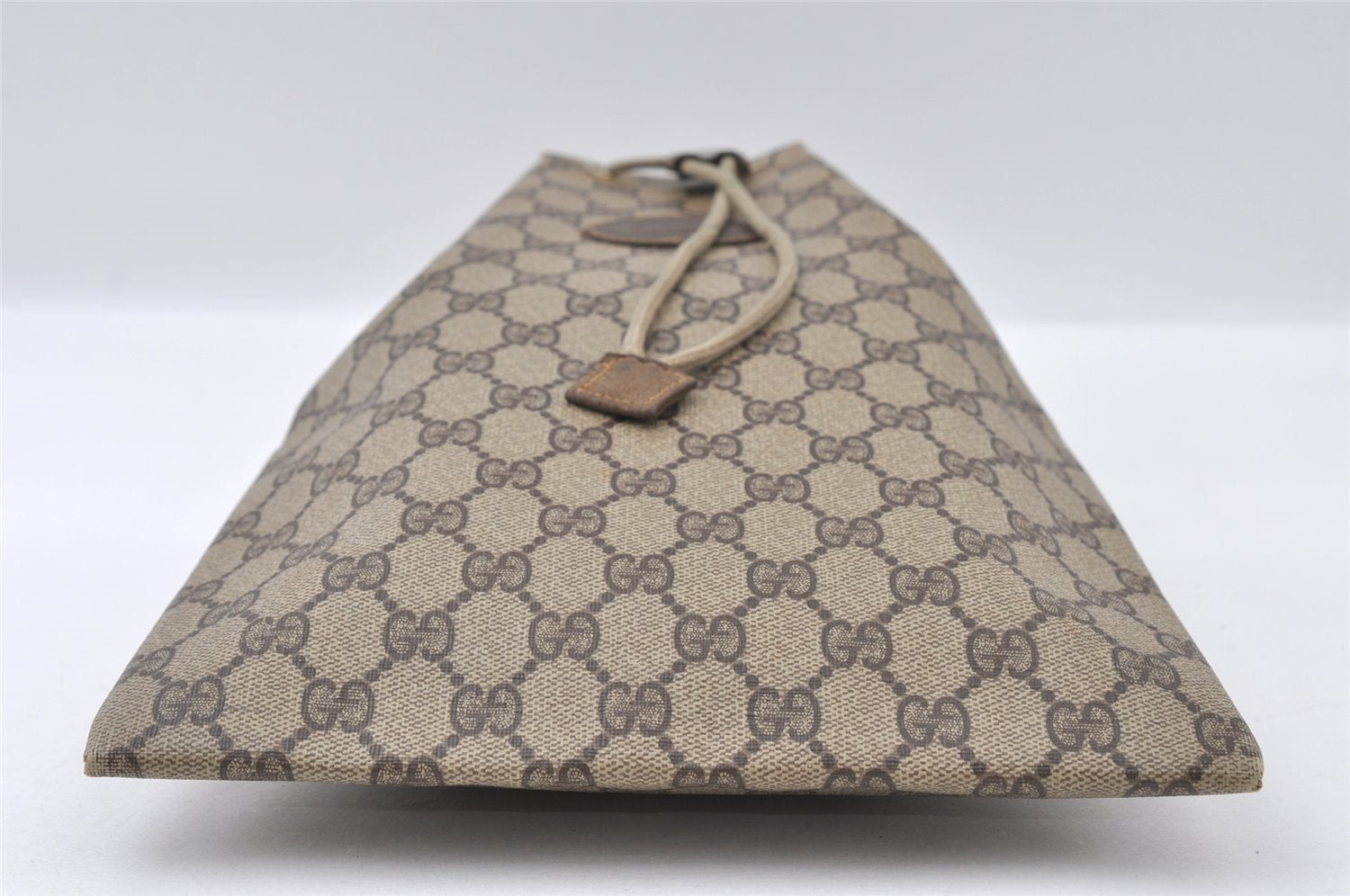 Authentic GUCCI Vintage Drawstring Hand Bag Purse GG PVC Leather Brown 5375I