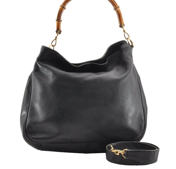 Authentic GUCCI Bamboo 2Way Shoulder Hand Bag Leather Black Junk 5376I