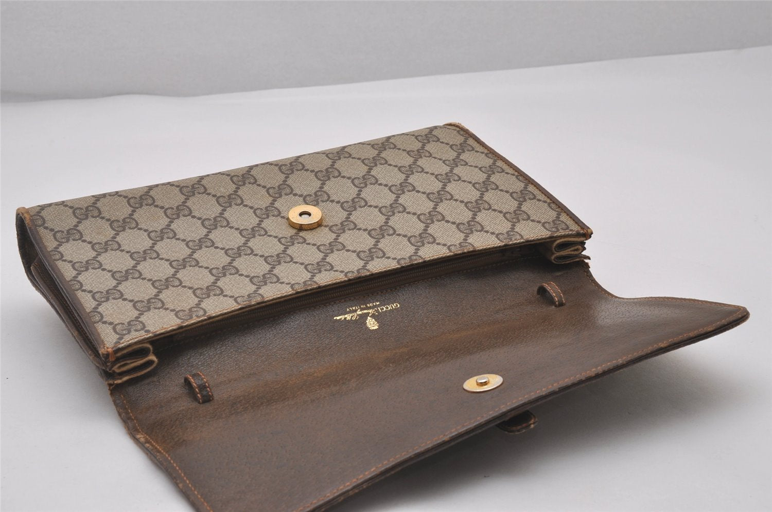 Authentic GUCCI 2Way Shoulder Clutch Bag Purse GG PVC Leather Brown Junk 5378I