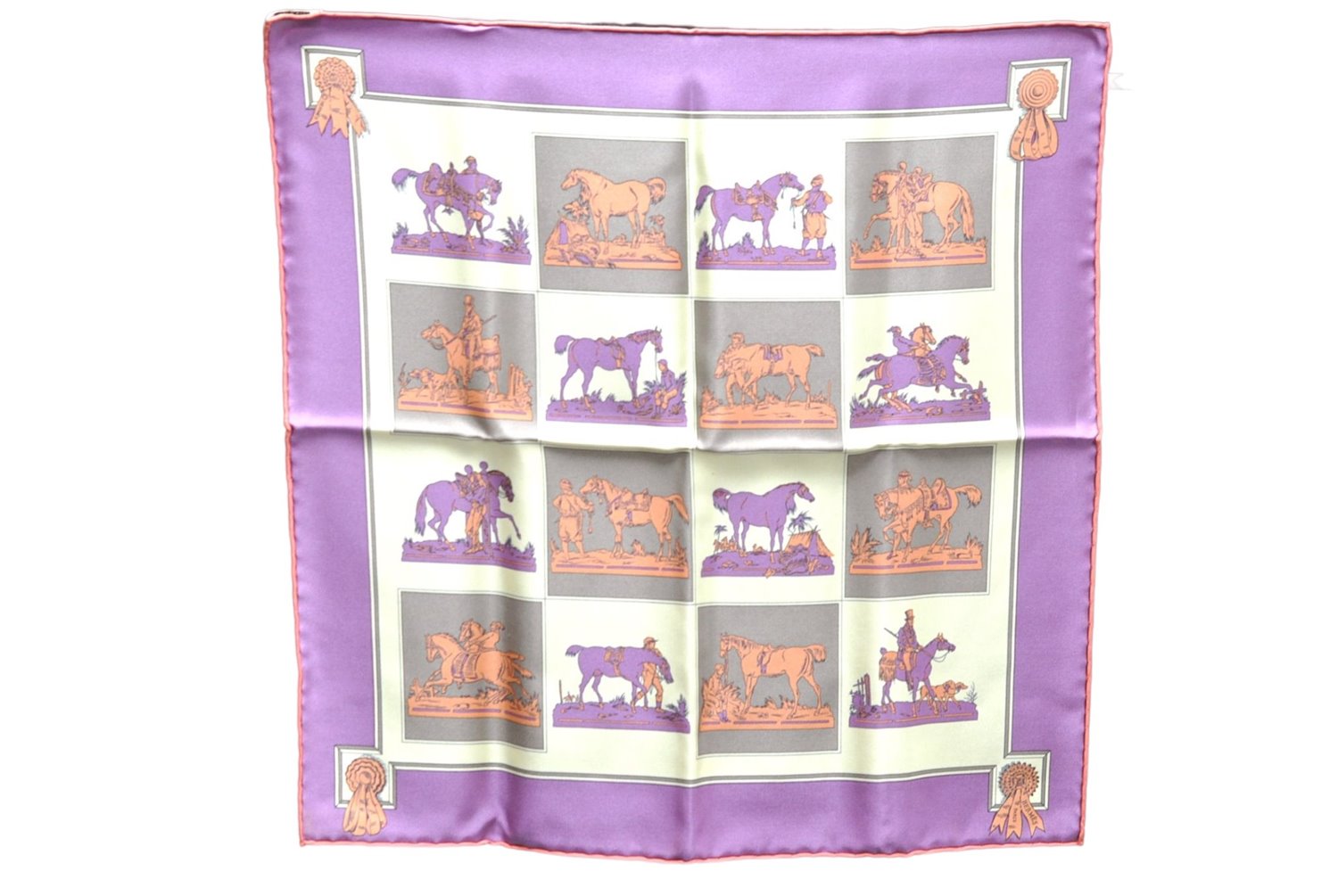 Authentic HERMES Petit Carre 40 Scarf Handkerchief Horse Motif Silk Purple 5383E